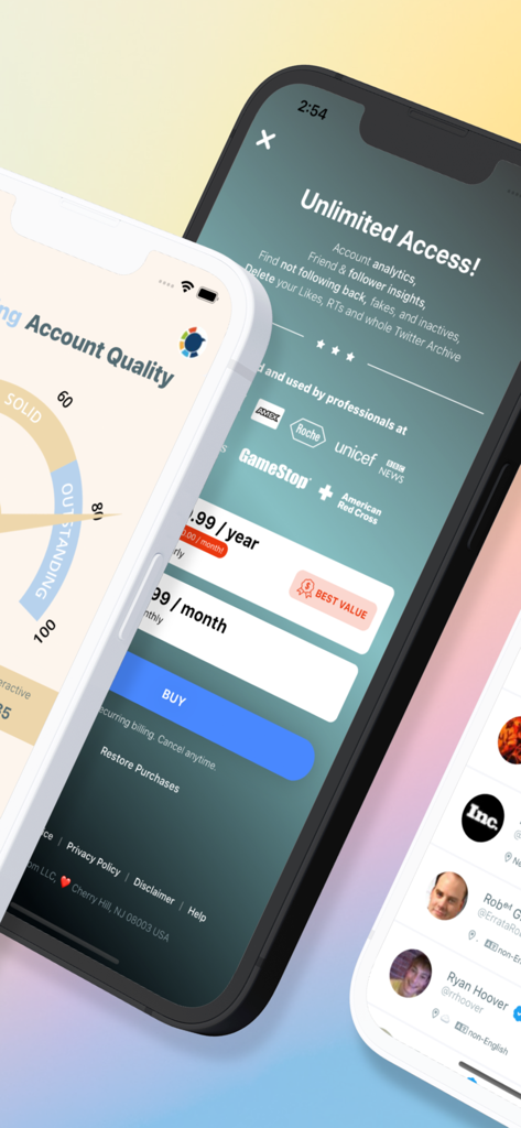 Screenshots of the Circleboom for Twitter app displaying account quality metrics subscription plans and follower management features