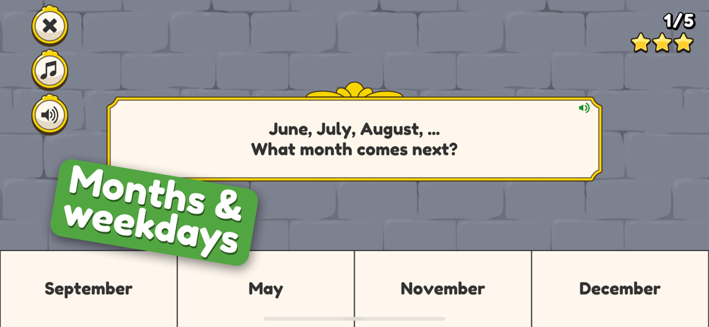 King of Math: Telling Time - Educational quiz screen in the King of Math app asking for the month that follows August