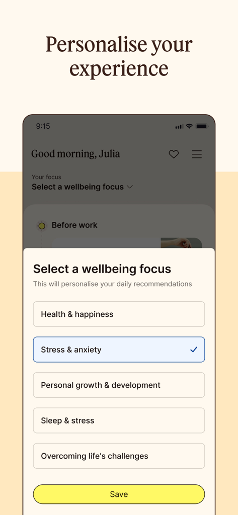 A mobile screen from the Unmind app showing options to select a wellbeing focus like stress and anxiety.