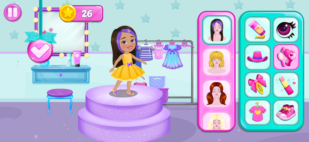 Like Nastya: Party Time - 무대 위의 소녀 캐릭터와 헤어스타일, 의상, 메이크업 사용자 지정 메뉴가 있는 Like Nastya: Party Time의 드레스업 화면.