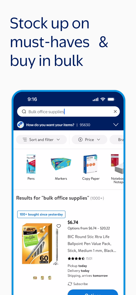 Walmart Business app interface showing bulk office supplies search results and a headline to stock up and buy in bulk.