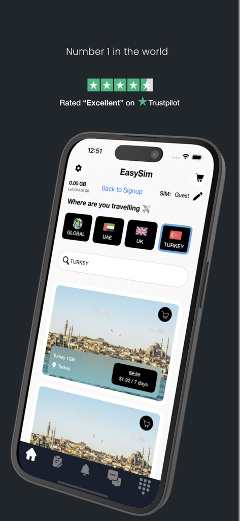 Easy Sim - Pantalla de iPhone mostrando la interfaz de la aplicación Easy Sim con planes de datos internacionales para Turquía, Reino Unido y Emiratos Árabes Unidos y una excelente calificación de Trustpilot.