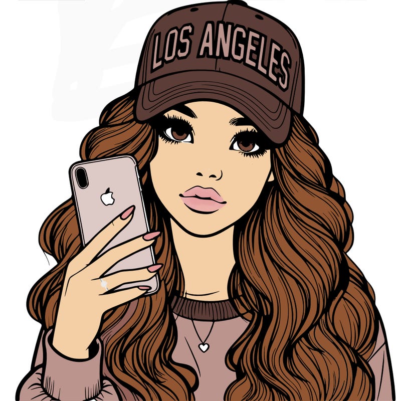 realistic beautiful girl wearing los ángeles cap holding an iphone