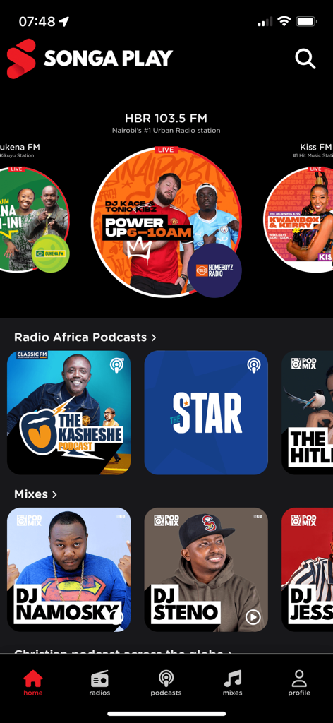 Songa Play - Songa Play mobile app home screen showing featured radio stations and podcast categories