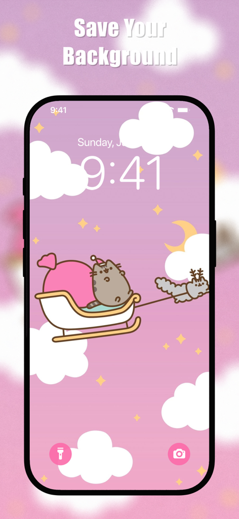 Pusheen Cat Wallpapers 4K - Pusheen cat on a sleigh lock screen wallpaper with a pink aesthetic and clouds