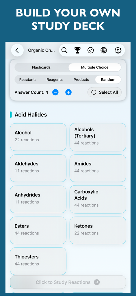 Organic Chemistry Study Help - 有機化学学習サポートアプリのインターフェースで、ユーザーが官能基やクイズモードを選択してカスタム学習デッキを構築できる様子