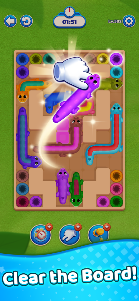Pet Tunnel Puzzle - A hand dragging a purple pet into a matching hole in Pet Tunnel Puzzle game.