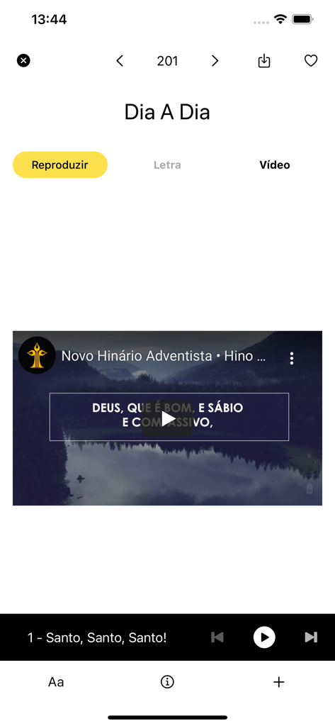 Novo Hinário Adventista - Tela de reprodução de vídeo do aplicativo Novo Hinario Adventista mostrando o hino Dia a Dia com fundo cênico e letras