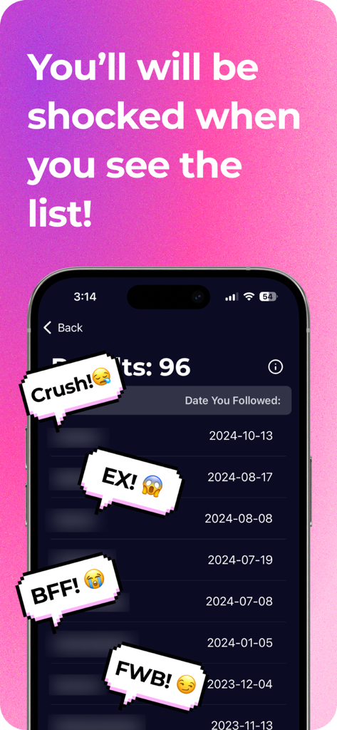 Tela de smartphone mostrando uma lista de insights de mídia social com tags como 'crush' e 'ex'