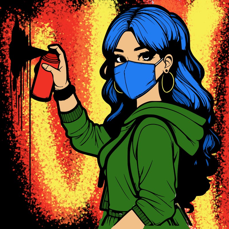 realistic girl with mask spray painting a wall