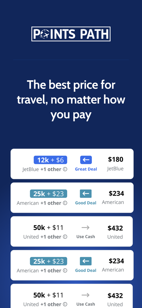 Points Path - Captura de tela do aplicativo Points Path comparando custos de voo em milhas versus dinheiro com recomendações de negócios.