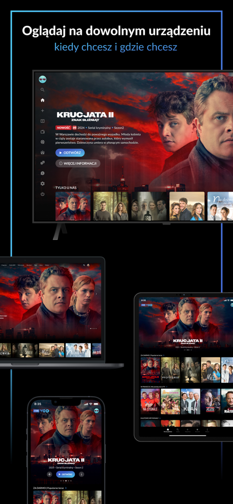 TVP VOD - Interfaccia dell'app TVP VOD mostrata su un televisore, laptop, tablet e smartphone.