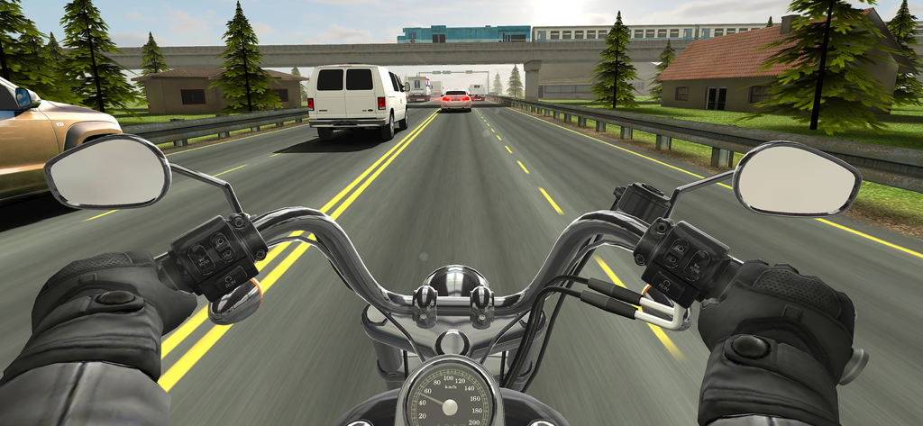 Traffic Rider - Vista en primera persona de una moto recorriendo una autopista en el juego Traffic Rider