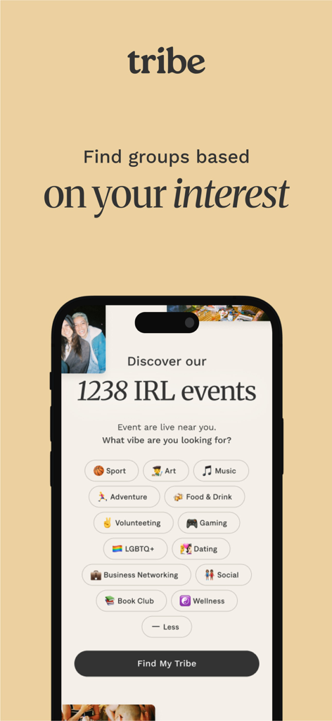 Tribe IRL - Tribe IRL app screen displaying various interest categories like art sports and music to find local events
