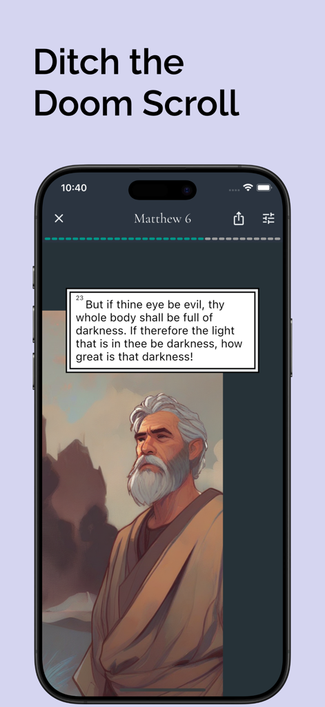 Smartphone screen showing Brilliant Bible app with an illustrated verse from Matthew 6 and a biblical portrait in oil painting style.