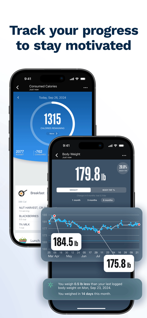 Fitness Buddy App-Bildschirme mit Kalorienverfolgung und Diagrammen zum Körpergewicht