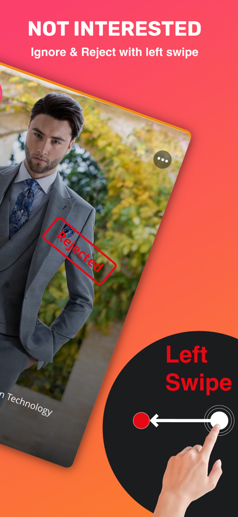 Interface of Nikkah app showing a user profile being rejected with a left swipe gesture