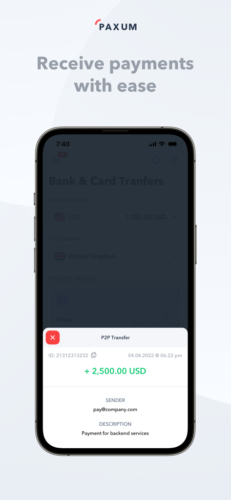 Interfaz de la aplicación móvil Paxum que muestra una notificación de pago P2P exitoso de 2,500 USD por servicios de backend.