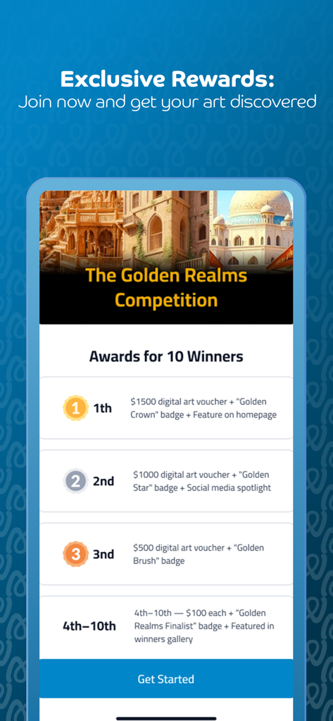 Artook - Artook app screen displaying details of an art competition with rewards for winners including vouchers and badges