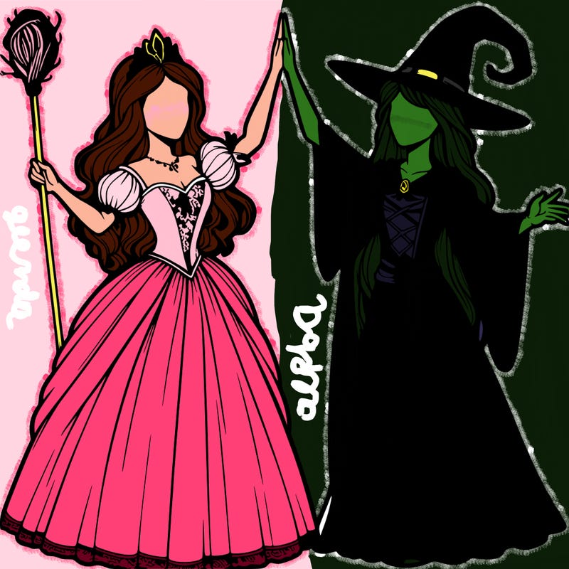 detailed realistic split of a princess and a witch