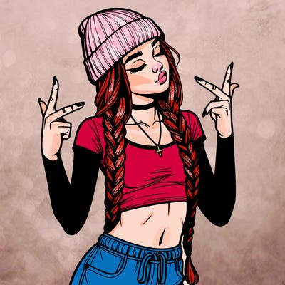 realistic teenage girl with braids and a beanie and crop top doing 🫶🏼