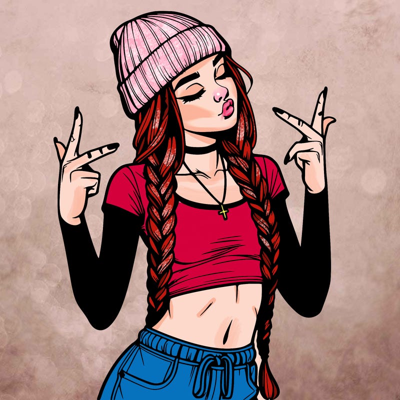 realistic teenage girl with braids and a beanie and crop top doing 🫶🏼