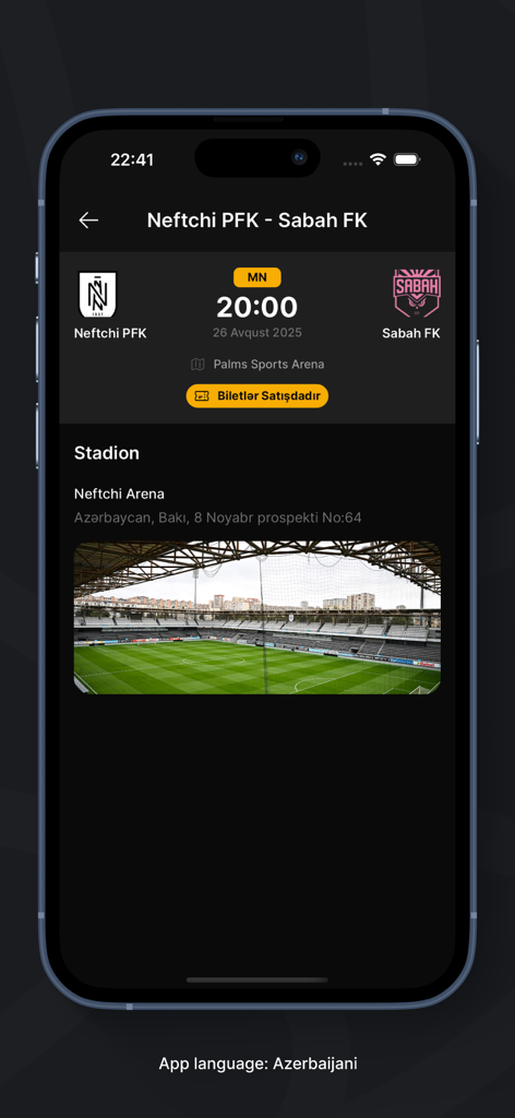 Match details for Neftçi PFK vs Sabah FK showing stadium info and ticket availability
