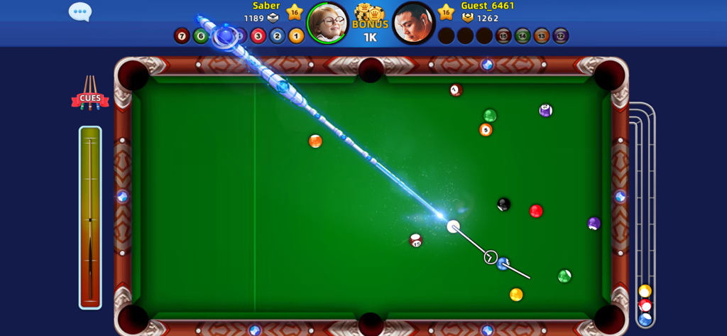 8 Ball Blitz - Billiards Games - Top down view of a pool match in 8 Ball Blitz showing players aiming a glowing cue stick