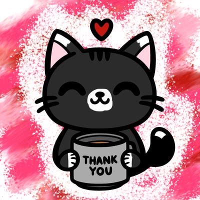 a cat holding a thank you mug