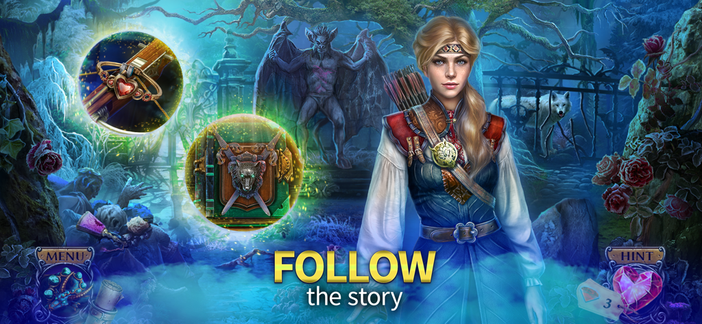 Kiss of the Night: F2P Mystery - Una personaje femenina en un entorno de bosque gótico con iconos de puzzle y una estatua de gárgola en el fondo.