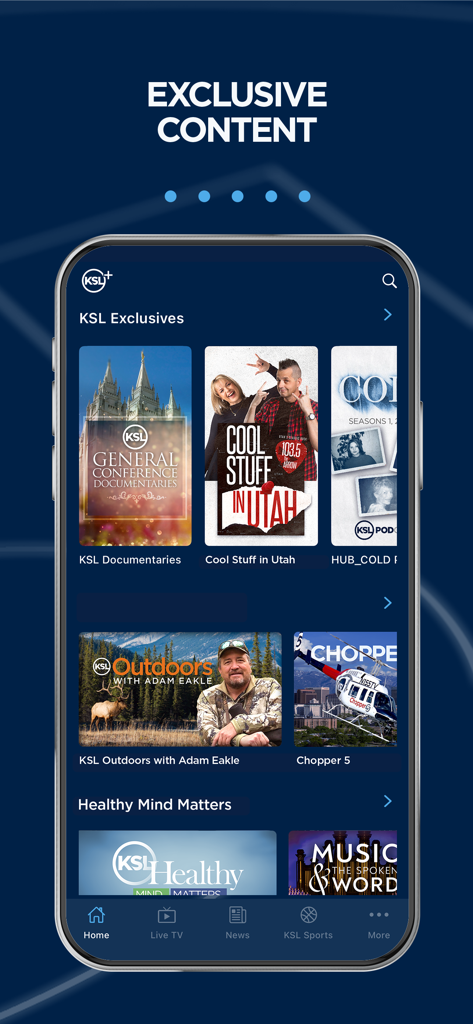 KSL+ - Interfaz de la aplicación KSL plus mostrando contenido local exclusivo de Utah, incluyendo documentales y podcasts.