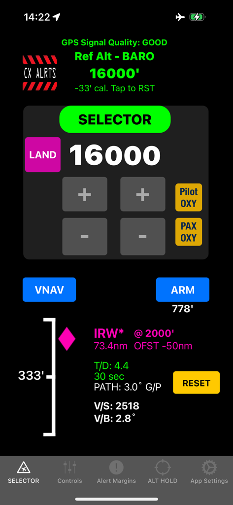 AltitudeAlert app interface with altitude selector and vertical navigation VNAV data display