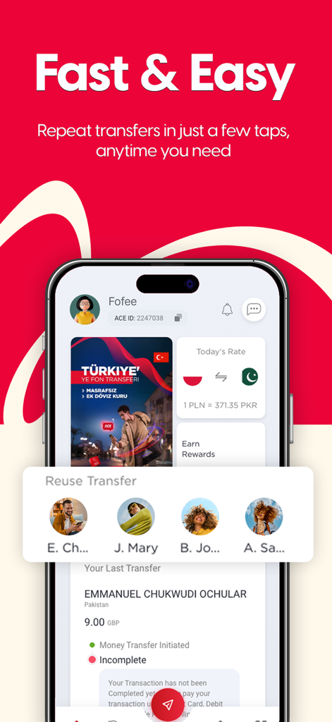 Smartphone screen of ACE Money Transfer app showing the reuse transfer option to send money quickly to previous recipients