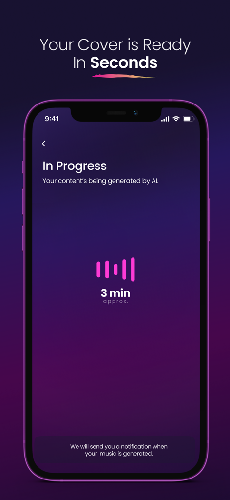 A smartphone screen from the Coverly app showing the progress of an AI song cover generation with a three minute estimate.