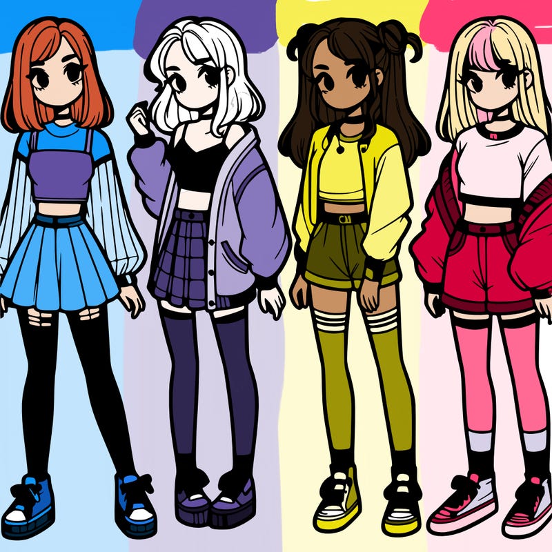 one girl with crop-top shirt and a jacket with a skirt, long socks and another girl with a shirt and pants with a jacket