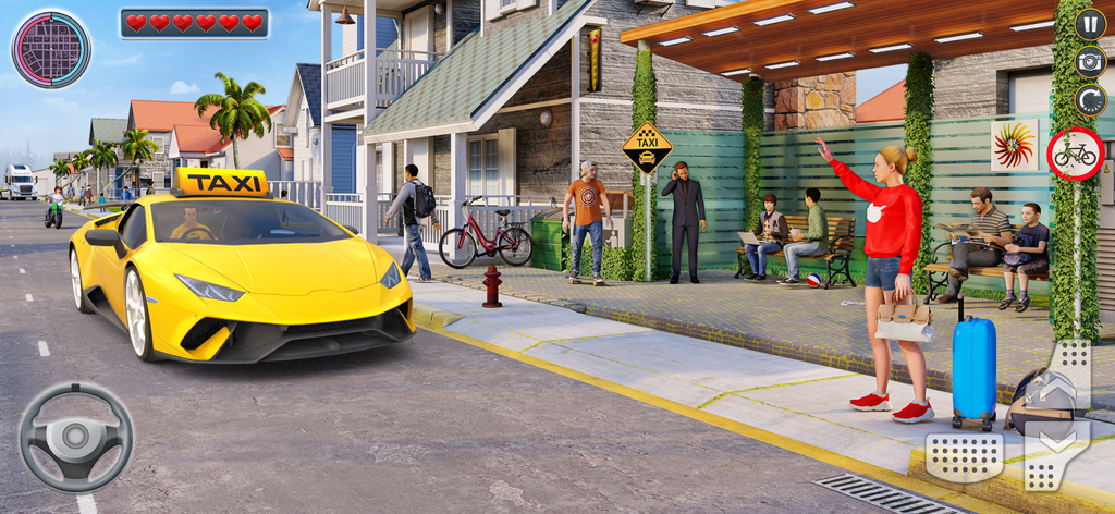 Radio Taxi Driving Game 2021 - Un taxi deportivo amarillo esperando a un pasajero que hace una señal en una calle residencial