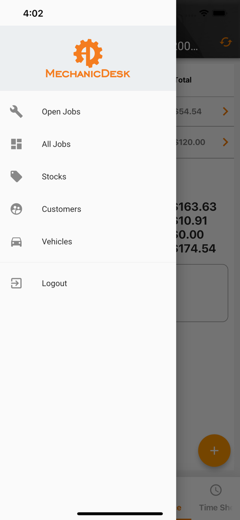 MechanicDesk Mobile app navigation menu showing jobs stocks customers and vehicles