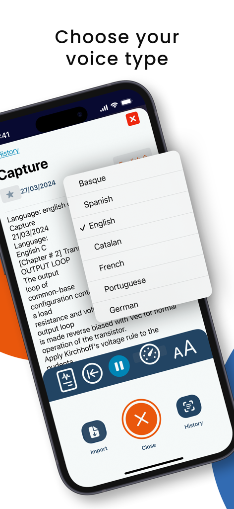 LUP: Reader, text to speech - A smartphone showing the LUP app interface with a language selection menu for text to speech including options like English, Spanish, and French
