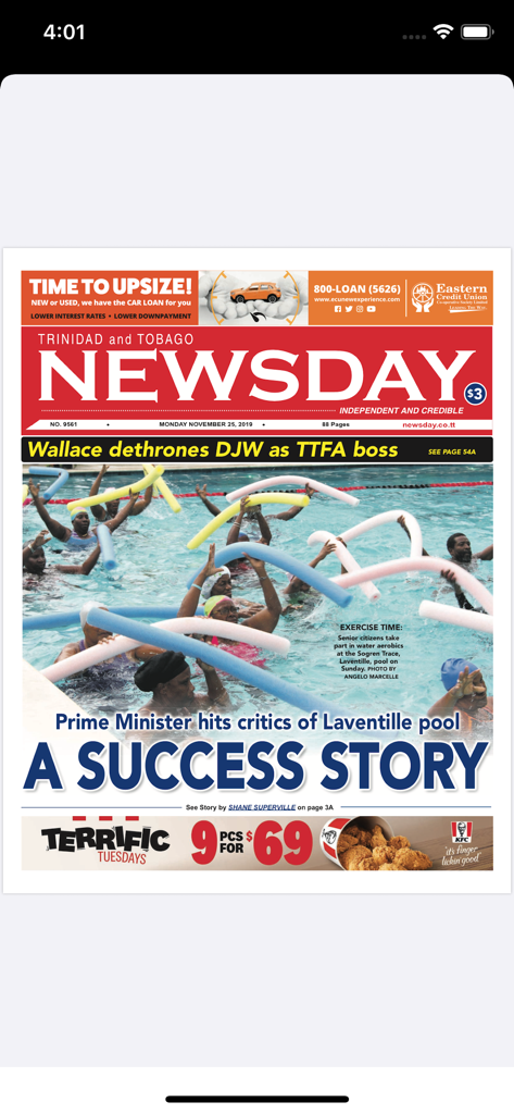 Newsday NTouch - Digital front page of Trinidad and Tobago Newsday on a mobile device showing local news headlines and community stories.