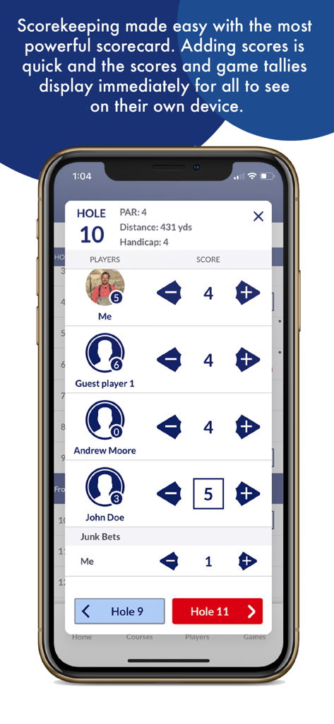 Golf Bettor mobile app interface showing a digital scorecard for hole 10 with multiple player scores and junk bets tracking