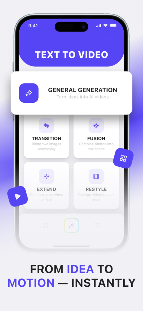 Lumen AI: Video Generator - Interface of the Lumen AI app showing options for Text to Video, Transition, Fusion, Extend, and Restyle