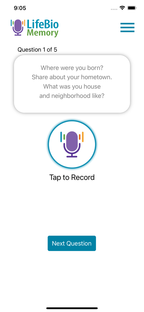 LifeBio Memory app screen displaying a biographical question about birthplace and a tap to record button