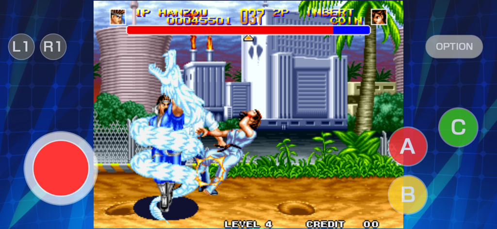 WORLD HEROES 2 ACA NEOGEO - Uno screenshot di gioco di World Heroes 2 ACA NEOGEO che mostra un combattimento tra due personaggi con una sovrapposizione del controller virtuale.