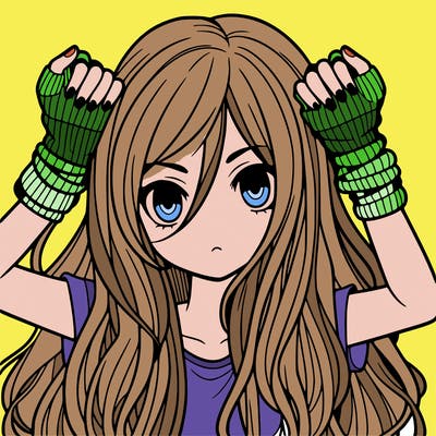 long haired girl with fingerless gloves