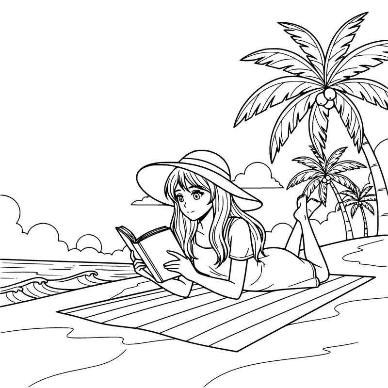 anime girl reading in the beach