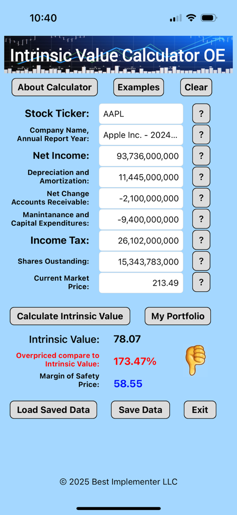 Intrinsic Value Calculator OE - Interfaz de la aplicación Calculadora de Valor Intrínseco OE que muestra la valoración de acciones de Apple Inc.