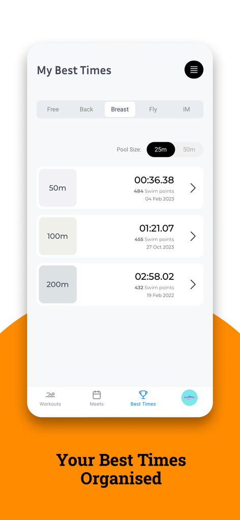 Swimpion: Swimming App - A screenshot of the Swimpion app displaying personal best swim times for breaststroke across different distances.