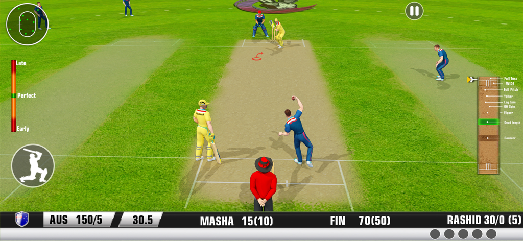 A mobile cricket match in progress showing the bowler batting controls and stadium graphics