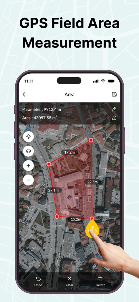 GPS Area Measure Map - Un iPhone mostrando un mapa satelital con un polígono rojo utilizado para medir el área de varios edificios