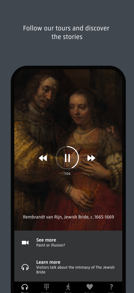 Rijksmuseum - Rijksmuseum app multimedia tour screen displaying Rembrandts The Jewish Bride with audio controls and educational options